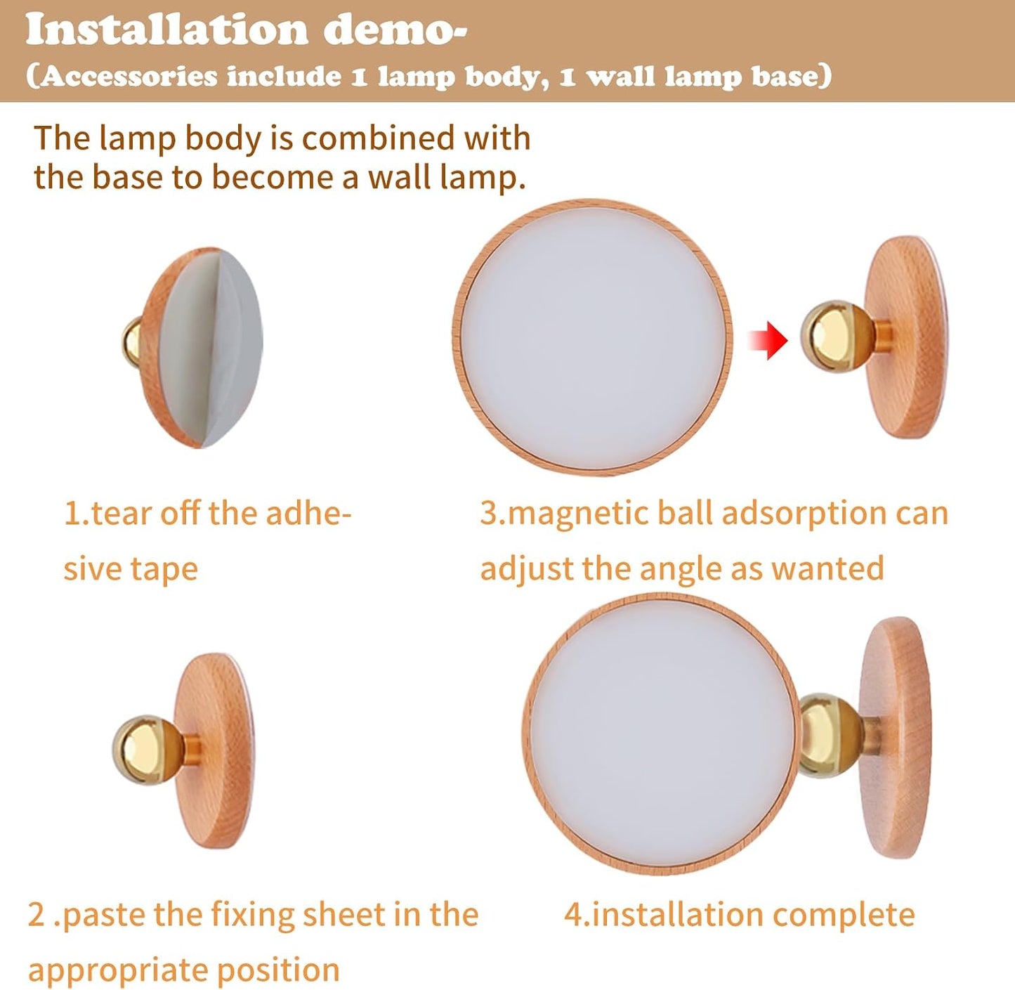 Wooden Wall Sconce 360° Rotatable Magnetic Stick on Bedside- Beech,1 PCS | Wall light self adhesive,dimmable touch control. USB-C port, minimalist style in hallways,closets,desk,reading,ambient