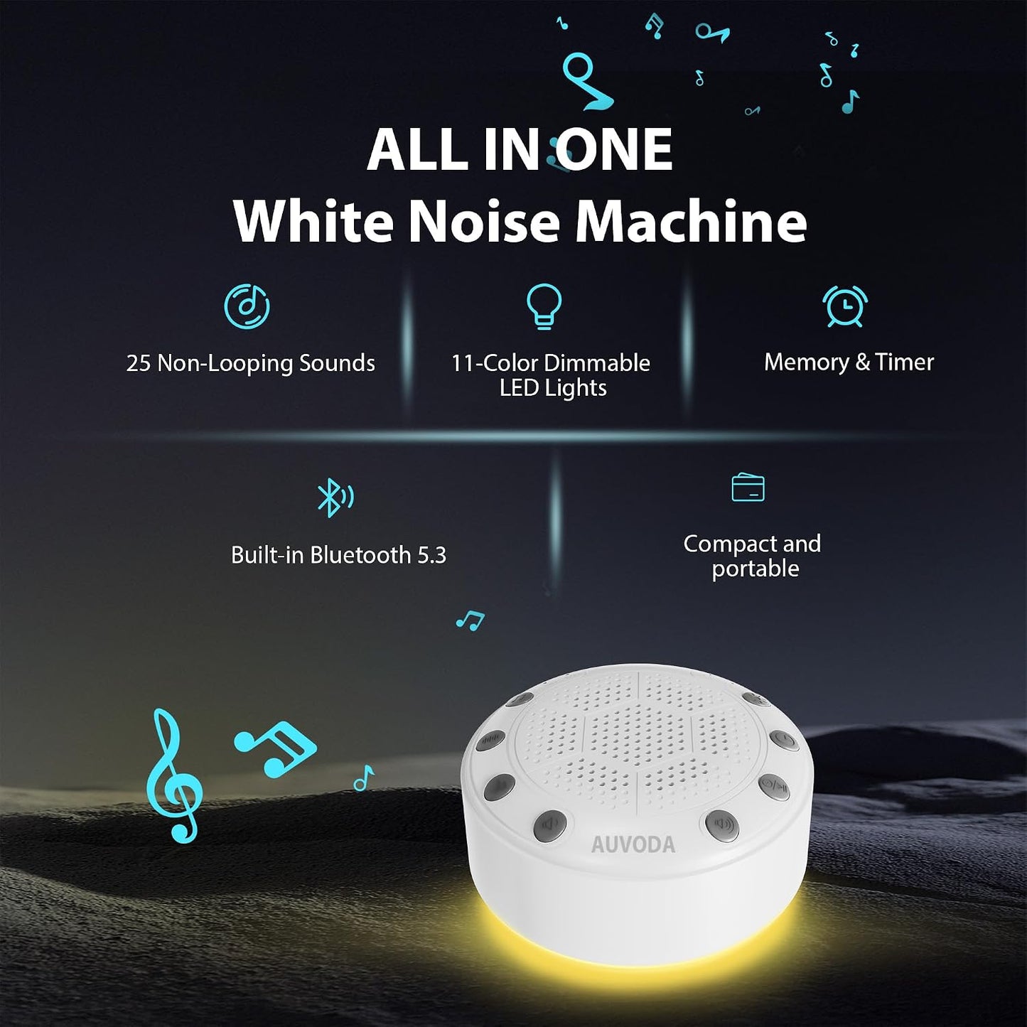 S318 White Noise Machine with 25 Non-Looping Sounds, LED Lights | Memory & Timer, BT 5.3, USB-C Rechargeable Battery, Portable, For Baby, Adults, Sleep, Travel, Home, Office