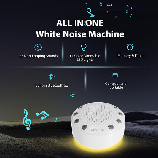 S318 White Noise Machine with 25 Non-Looping Sounds, LED Lights | Memory & Timer, BT 5.3, USB-C Rechargeable Battery, Portable, For Baby, Adults, Sleep, Travel, Home, Office