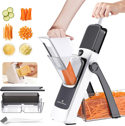 ONCE FOR ALL Safe Mandoline Slicer Plus, Bigger Size, Potato Slicer, Black | 0.1-8mm Adjustable Vegetable Food Chopper, Kitchen Mandoline Slicer Stainless Steel, Detachable Blade, Dishwasher-safe, Gift