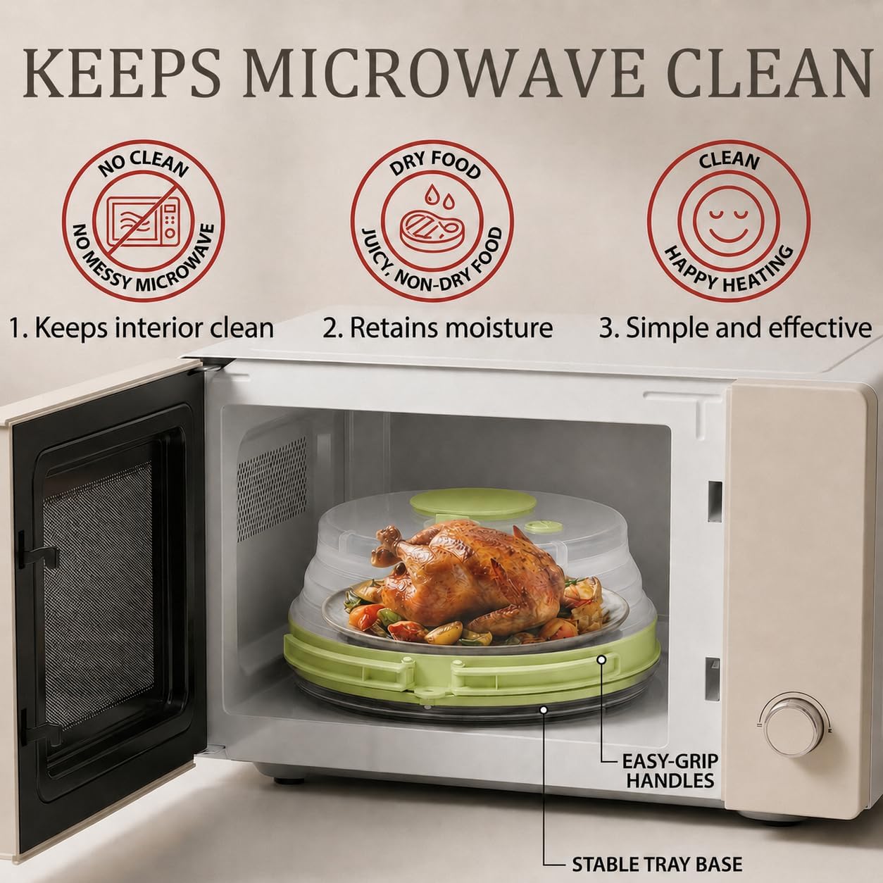 Microwave Splatter Cover with Base Plate and Water Steamer,Collapsible Microwave Cover for Food with Handle and Seasoning Groove, Clear Plate Covers,Food Safe,BPA Free,House Gifts (Creamy White)