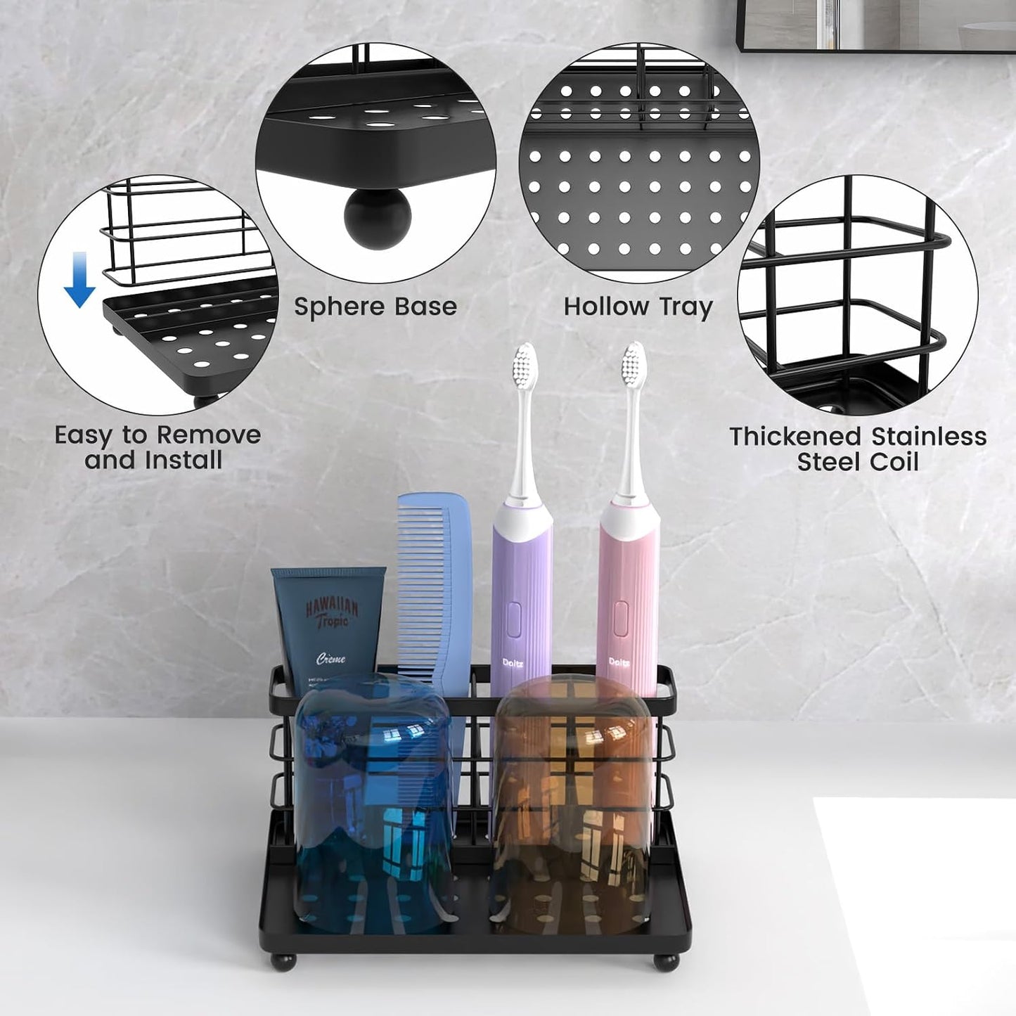 Luxspire Toothbrush Holders for Bathroom, Stainless Steel, 6 Slots, Black | Toothbrush Holders With Drainage, For Bathroom Countertop & Kitchen Sink, Bathroom Accessories