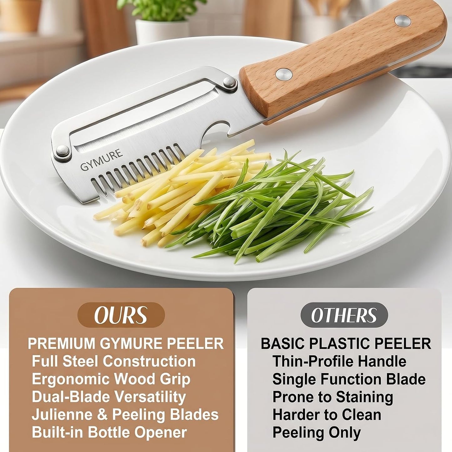 2026 New Multifunctional Vegetable Peeler with Wooden Handle and Bottle Opener, Stainless Steel Peeler for Kitchen, Multi Functional Vegetable Peeler for Fruit Potato Carrot Pumpkin Zucchini (1-Pack)