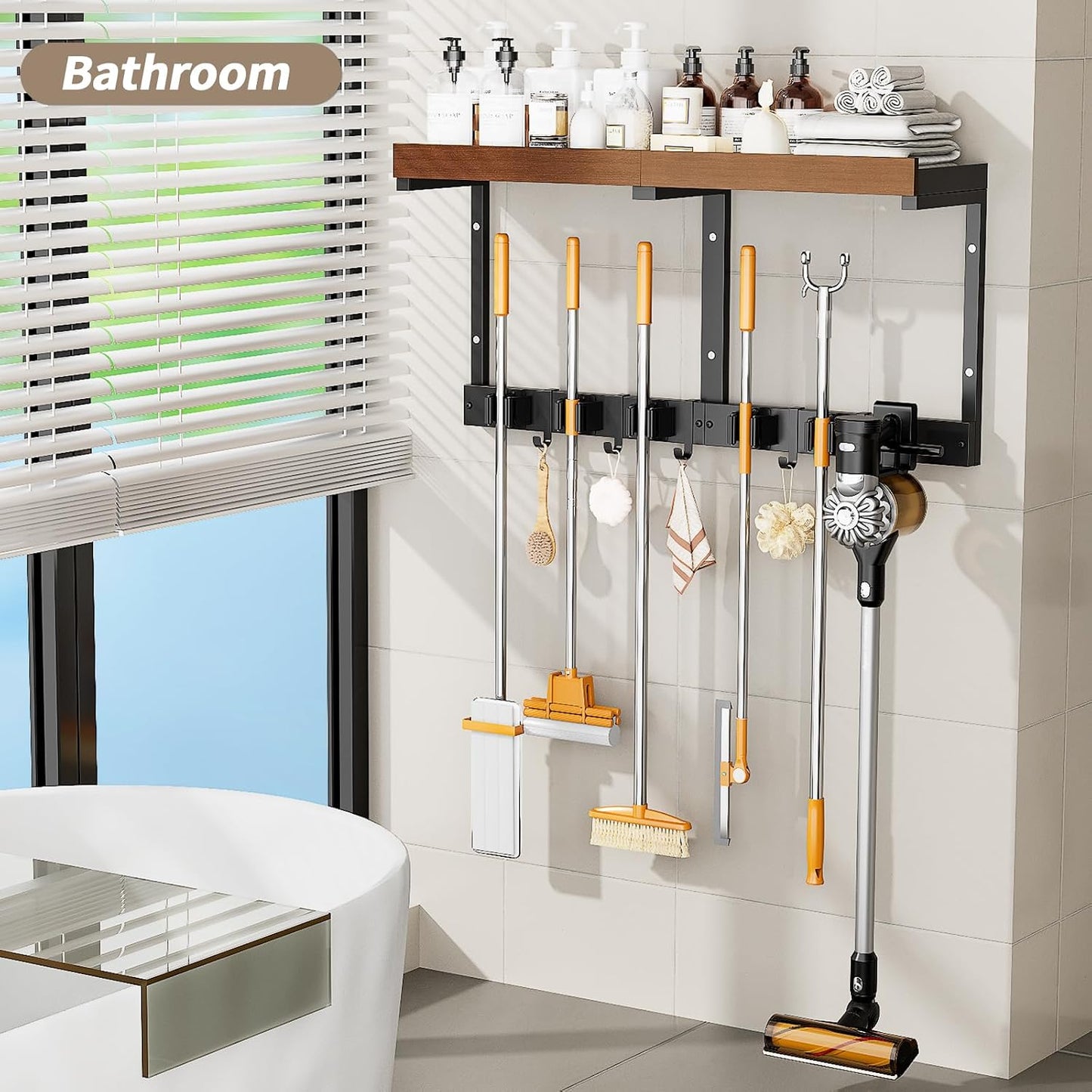 Broom and Mop Organizer Wall Hanging, Broom Hanger Holder Wall Mount | 3-in-1 Mop and Broom Holder Wall Mount with Storage Shelf & Vacuum Organizer,5 Racks,5 Hooks for Garage,Kitchen,Laundry Room