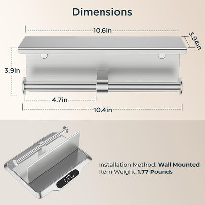FORIOUS Toilet Paper Holder with Shelf, Commercial Toilet Paper Dispensers | Brushed Nickel | Wall Mount Bathroom Tissue Holder | SUS304 Stainless Steel Rustproof | Double Tissue Roll Holder