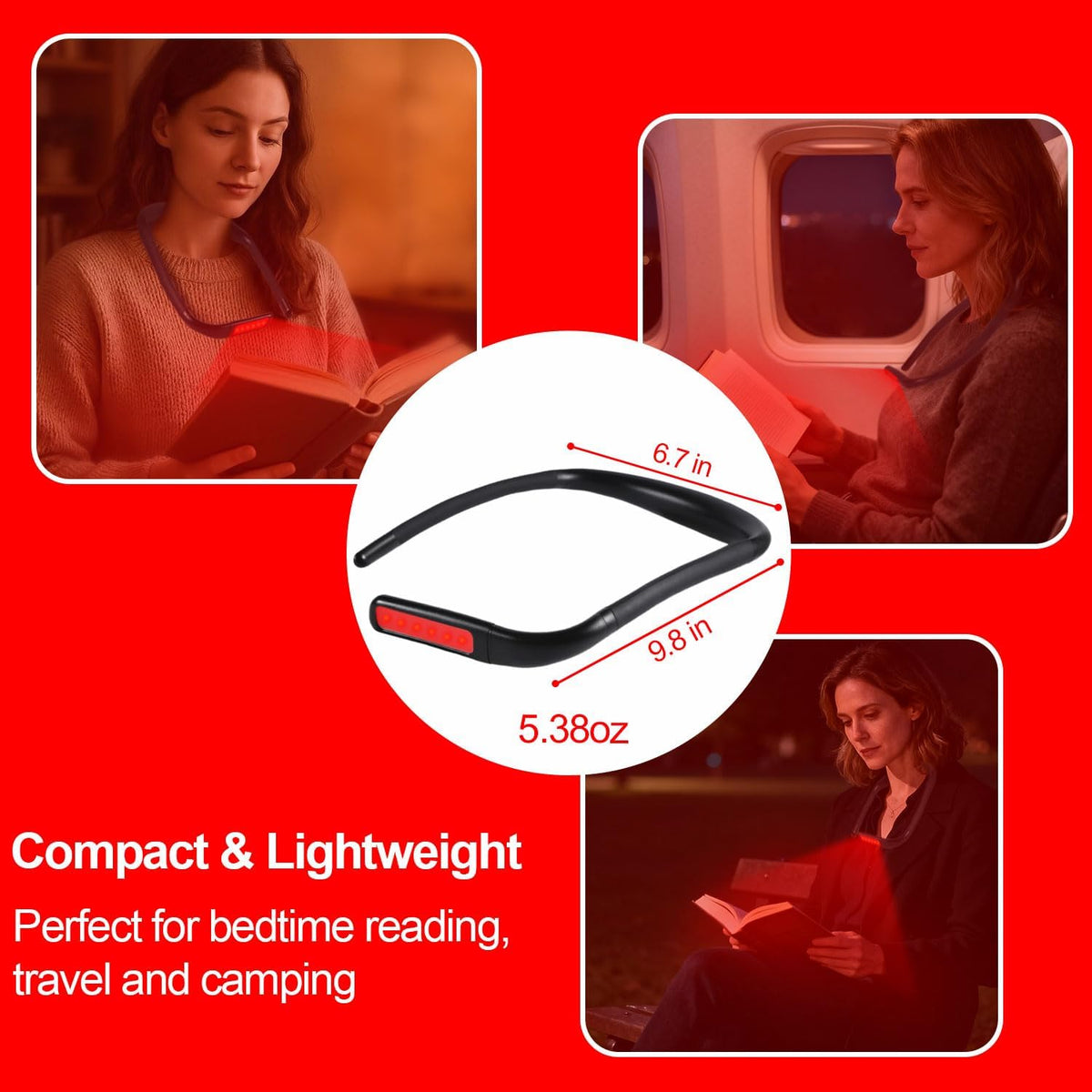 630nm Red Neck Reading Light - Zero Blue Light, Rechargeable Dimmable Portable LED Red Neck Book Lamp for Reading, Crafts, Knitting, Crochet at Night, Ideal Gift for Readers and Craft Lovers