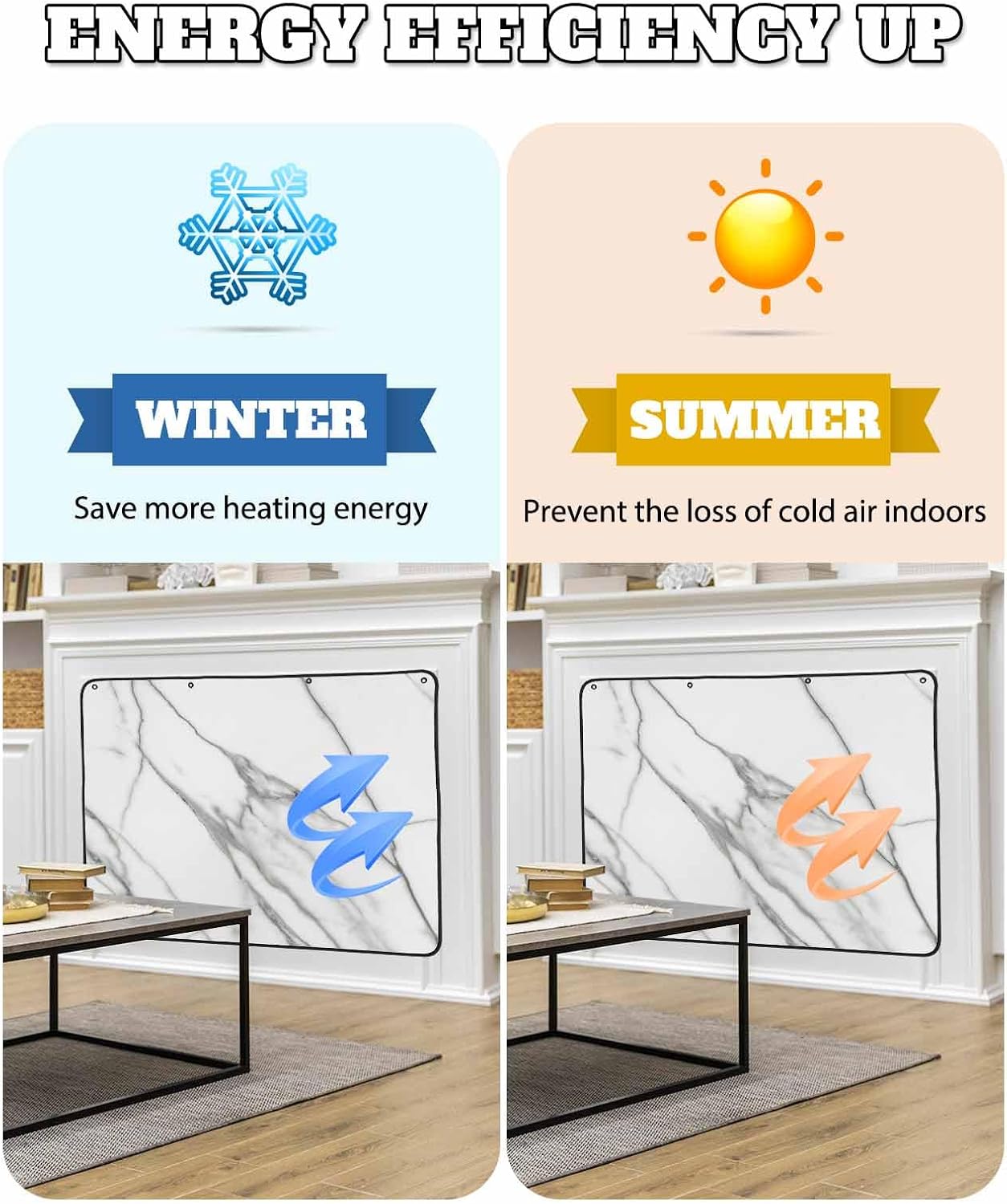 Marble White Magnetic Fireplace Cover, Fireplace Draft Blocker, Ombre Grey Modern Minimalist Fireplaces Blanket for Heat Loss/Cold Air, Fireplaces Draft Stopper Cover for Inside 36''x30''