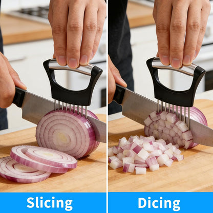 Onion Slicer Holder with Protective Case | Stainless Steel Onion Cutter Tool for Kitchen, Lemon, Potato, Tomato, Avocado, Vegetable & Fruit Slicing Assistant
