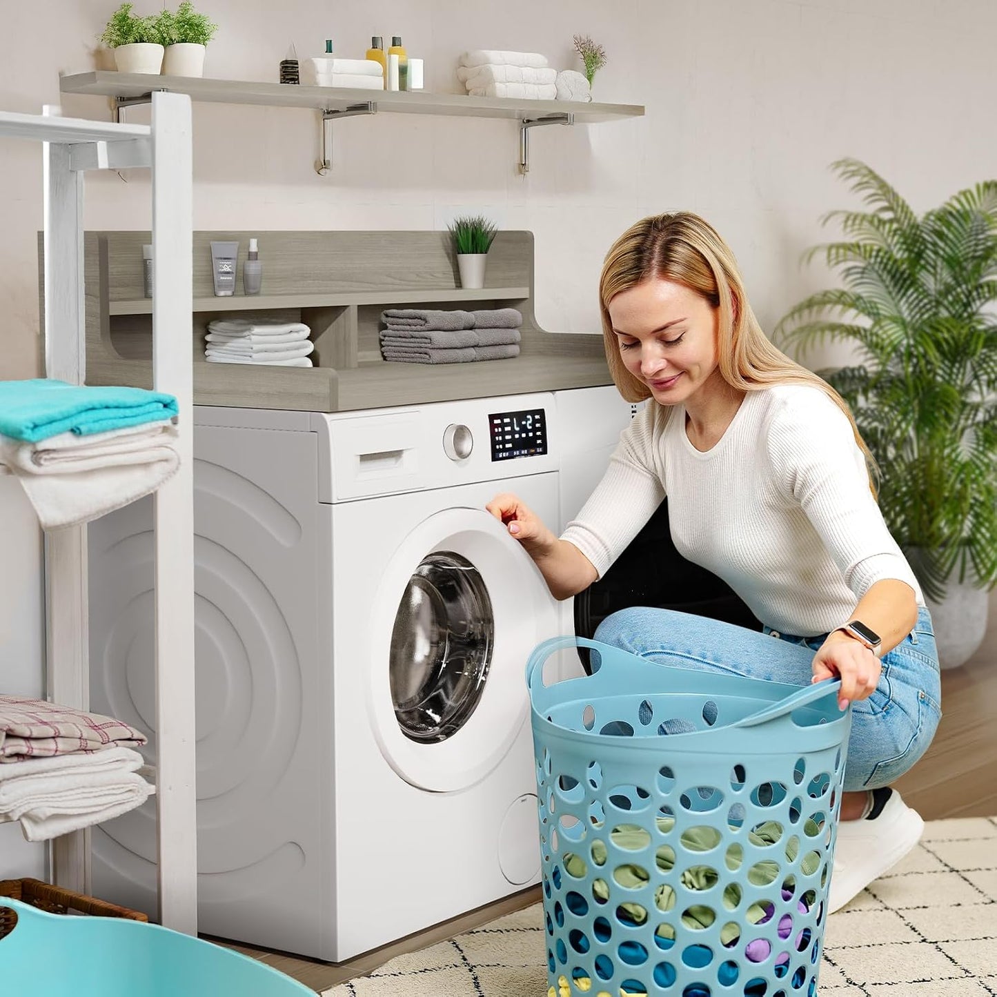 Washer Dryer Countertop, 54" x 27.55" 2-Tier Washer Dryer Topper with Edge, for Laundry Room Organization Oak