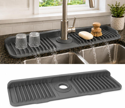 23" Extra Long Silicone Faucet Handle Drip Catcher Tray,7° Sloped Self Draining Mat with Snap-on Design & Soap Holder, Trim-to-Fit Opening,Sink Splash Guard for Kitchen & Bathroom(Green)