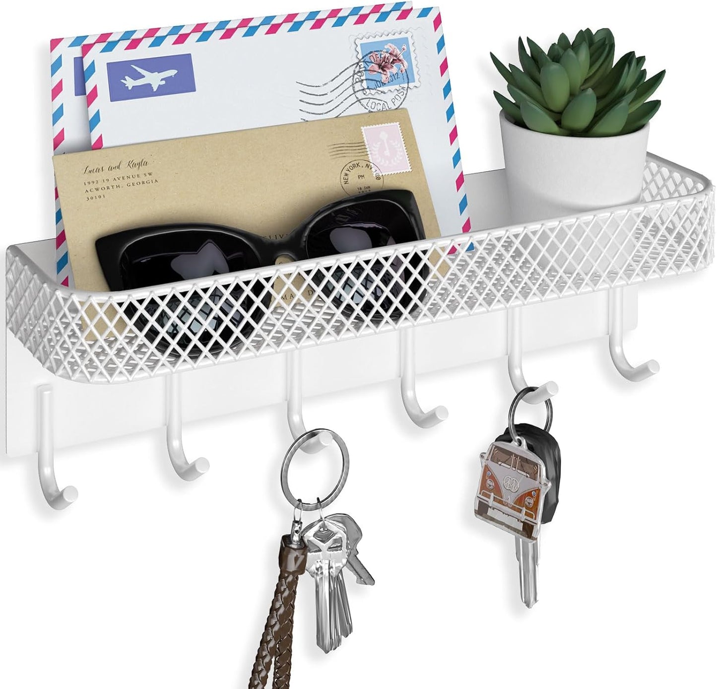 Lwenki Key Holder for Wall – Decorative Stainless Steel Key Hanger with 6 Hooks for Hats, Bags, Leashes – Mail Holder Key Rack with Mounting Hardware and Guide (9.65” x 2.8” x 2.2”) (Black)