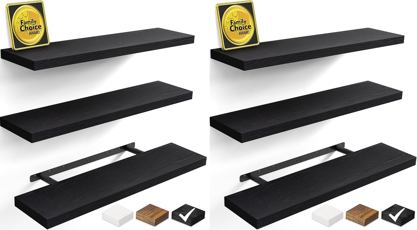 BAYKA Rustic Brown Floating Shelves 22.5in, Set of 2, Wall Mount Wood Shelf | Easy Install, 22lbs Max Load, Hidden Bracket, for Bathroom Bedroom Living Room or Kitchen, Hanging Shelf Book Decor Storage