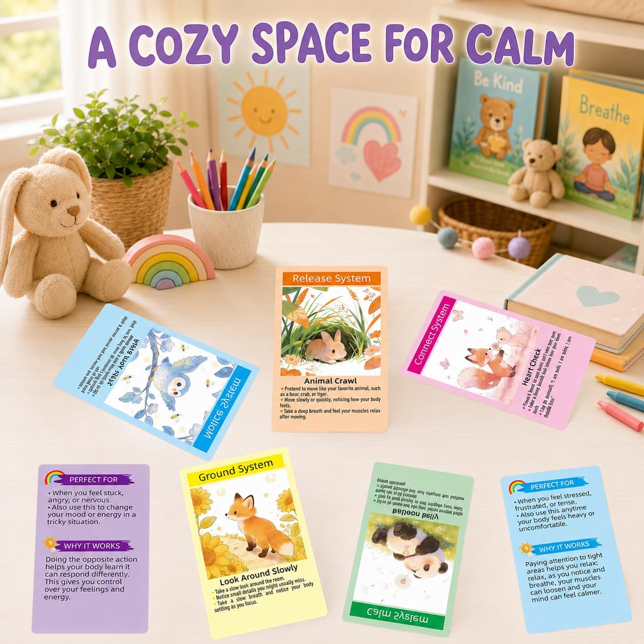 Somatic Therapy Cards for Kids, 52 Emotional Regulation Exercises Mindfulness, Calm, Focus & Coping Skills Therapy Tools for Home, School, Calm Down Corner Ages 5-12