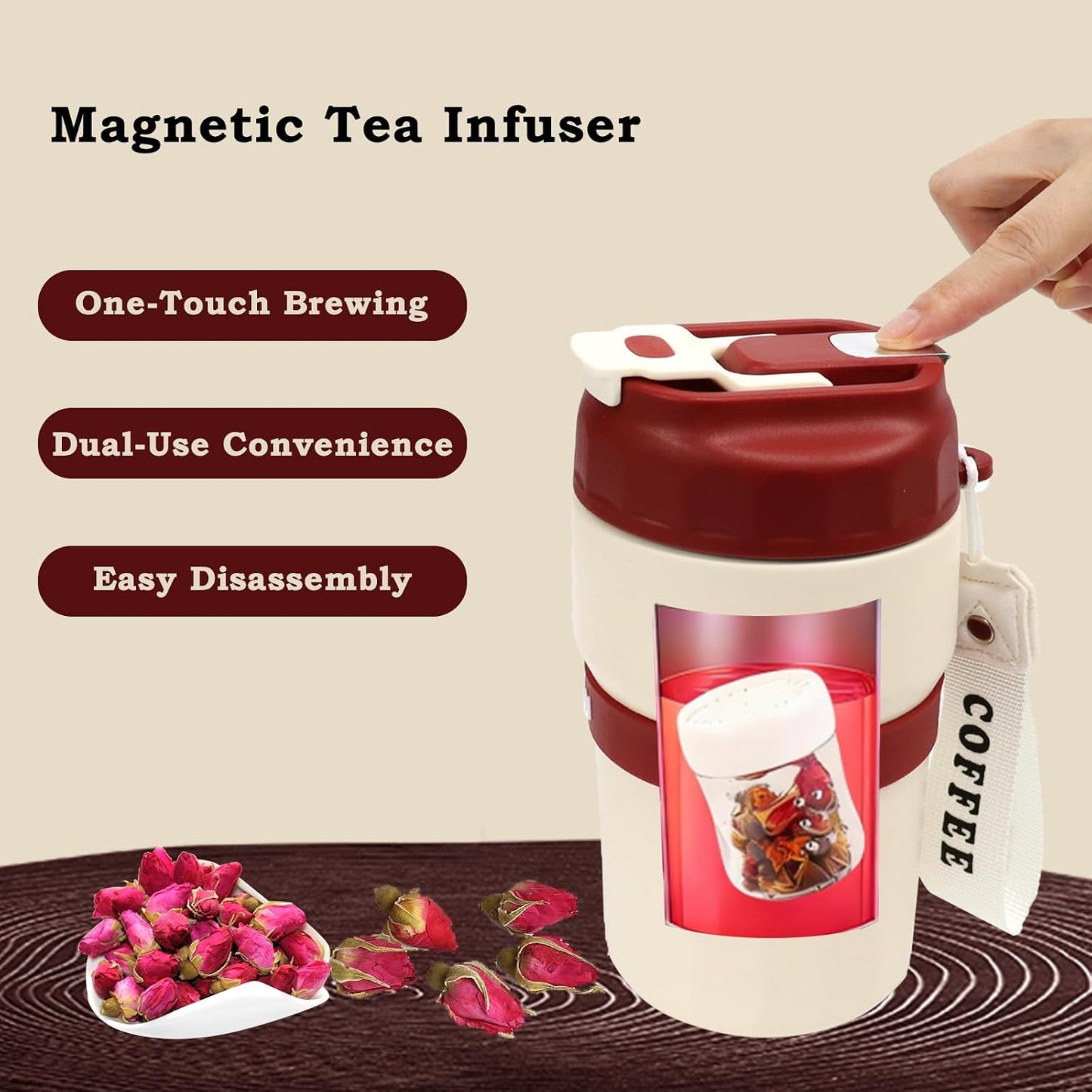 Portable 16OZ Insulated Tumbler with Magnetic Tea Infuser, Water Bottle | Stainless Steel, BPA-Free, Magnetic Detachable Strainer, One-Touch Brewing, For Loose Leaf Tea, Gift for Men & Women