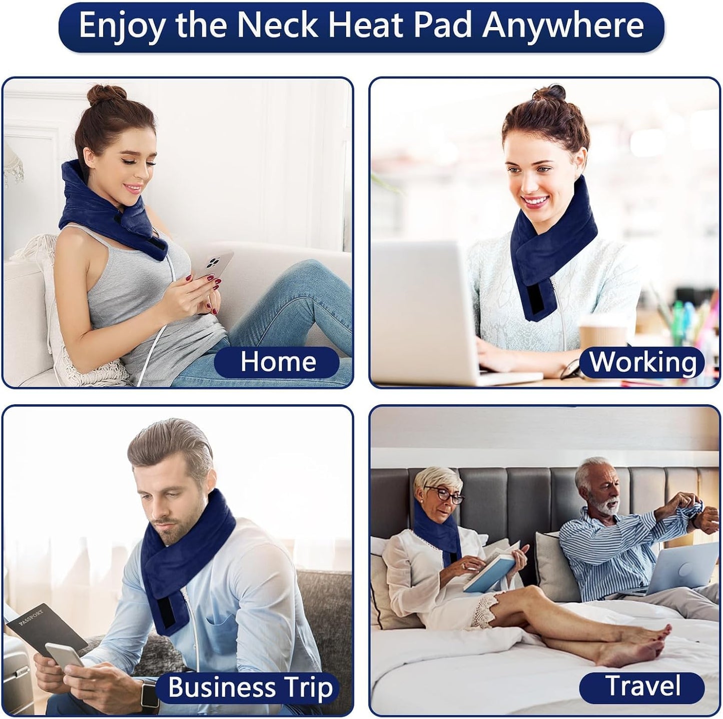 JOBYNA Heating Pad for Neck, Hands-Free Electric Heated Neck Wrap for Pain Relief, 29"×8'' Neck Heat Pad with 8.53ft Power Cord, Auto Shut Off,Size/Temperature/Time Adjustable（Navy）