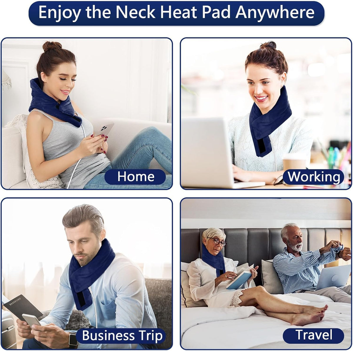 JOBYNA Heating Pad for Neck, Hands-Free Electric Heated Neck Wrap for Pain Relief, 29"×8'' Neck Heat Pad with 8.53ft Power Cord, Auto Shut Off,Size/Temperature/Time Adjustable（Navy）