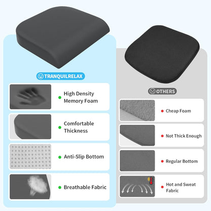 TranquilRelax Memory Foam Seat Cushion for Office Chair, 3-Inch, Black | Medium-firm Support for Long Sitting, Washable Mesh Cover, Non-slip Base, Perfect for Car Seats & Short Drivers