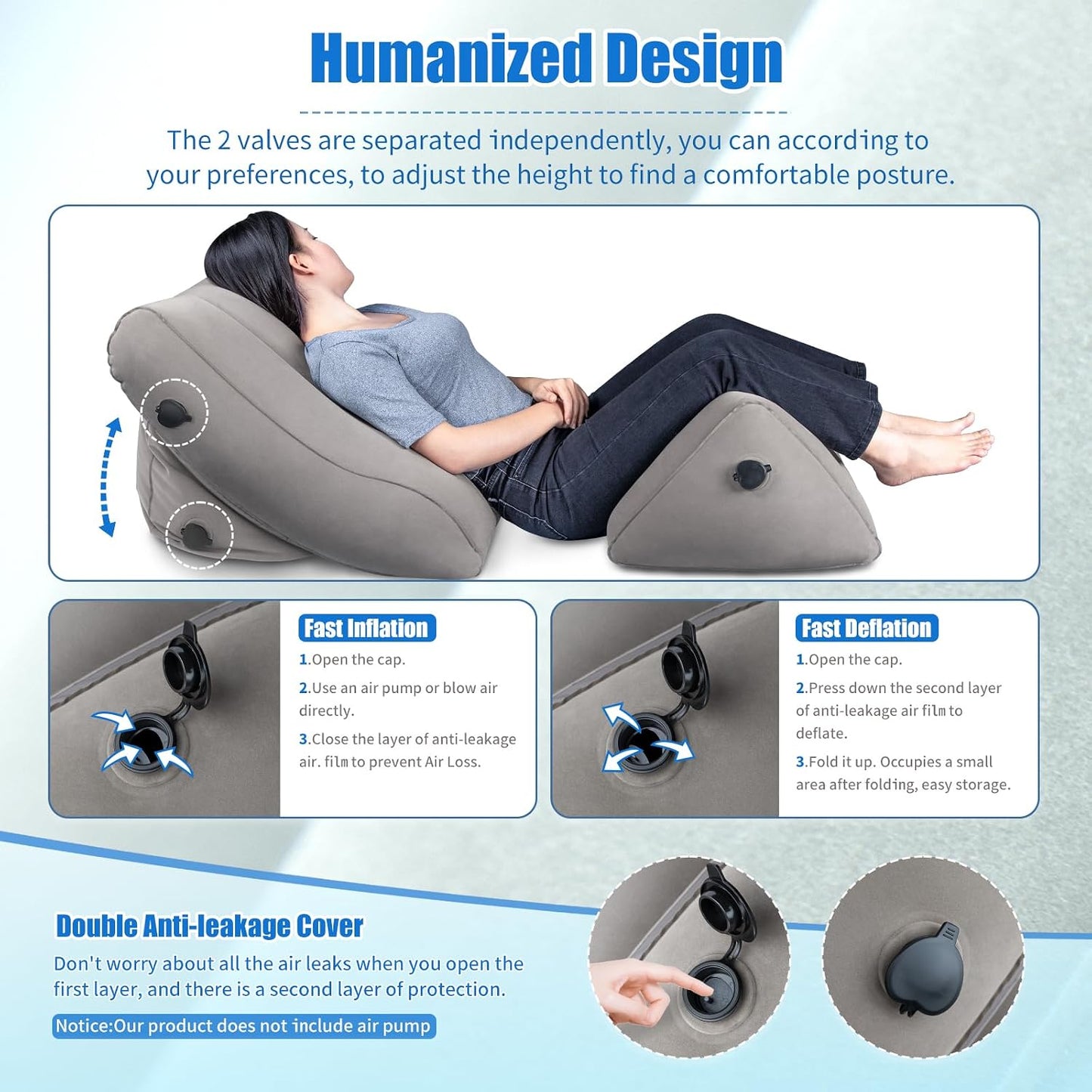 SAHEYER Inflatable Bed Wedge Pillow Set, 2 PCS Post Surgery Support Pillow for Back, Knees, Leg Pain Relief, Adjustable Sitting Pillows for Anti Snoring, Heartburn, GERD Sleeping (Grey)