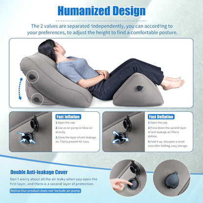 SAHEYER Inflatable Bed Wedge Pillow Set, 2 PCS Post Surgery Support Pillow for Back, Knees, Leg Pain Relief, Adjustable Sitting Pillows for Anti Snoring, Heartburn, GERD Sleeping (Grey)