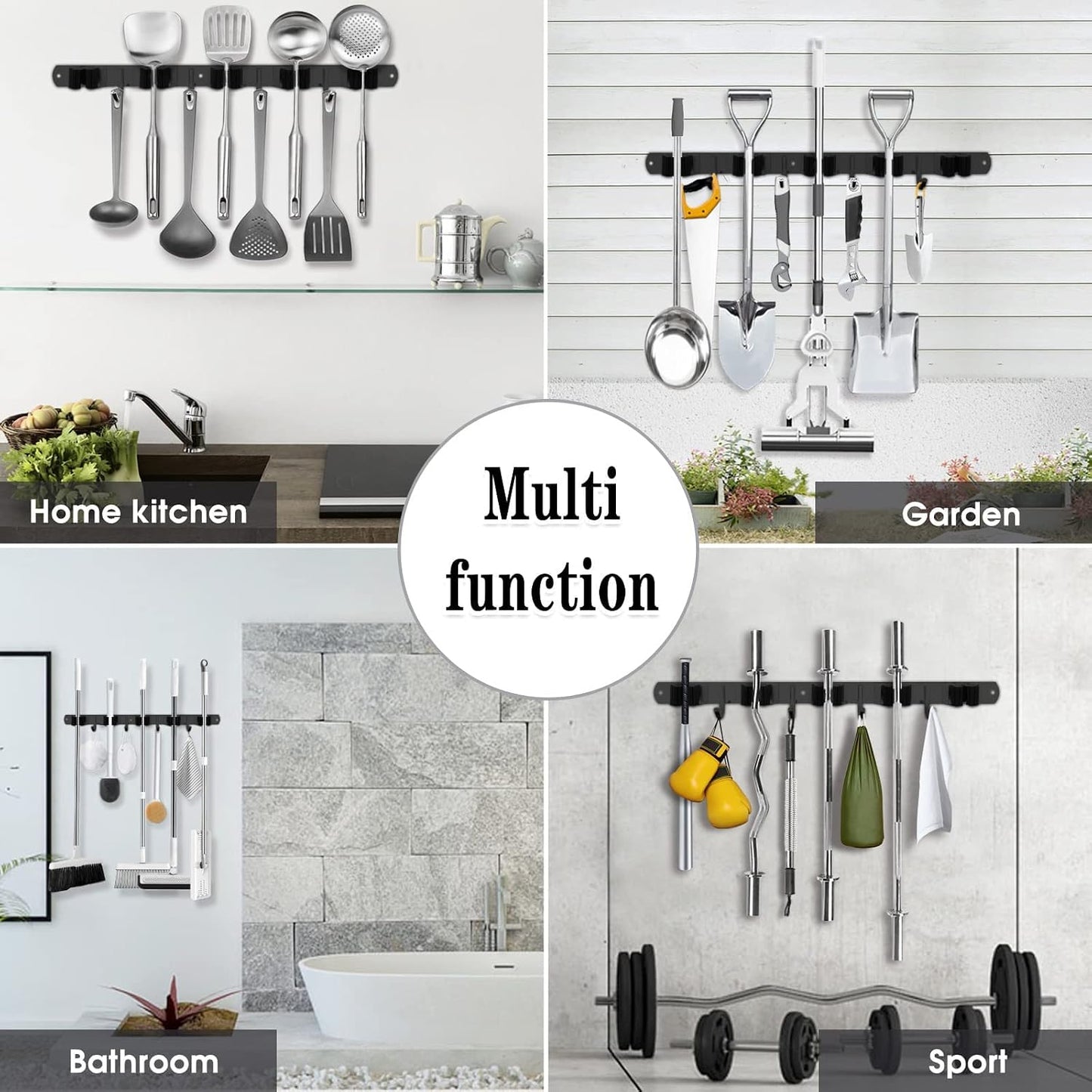 AceMining Broom Holder Wall Mount, 5 Racks 4 Hooks Heavy Duty Mop Organizer | Mop Holder Wall Mount and Broom Hanger for Garage, Laundry Room, Kitchen and Utility Storage