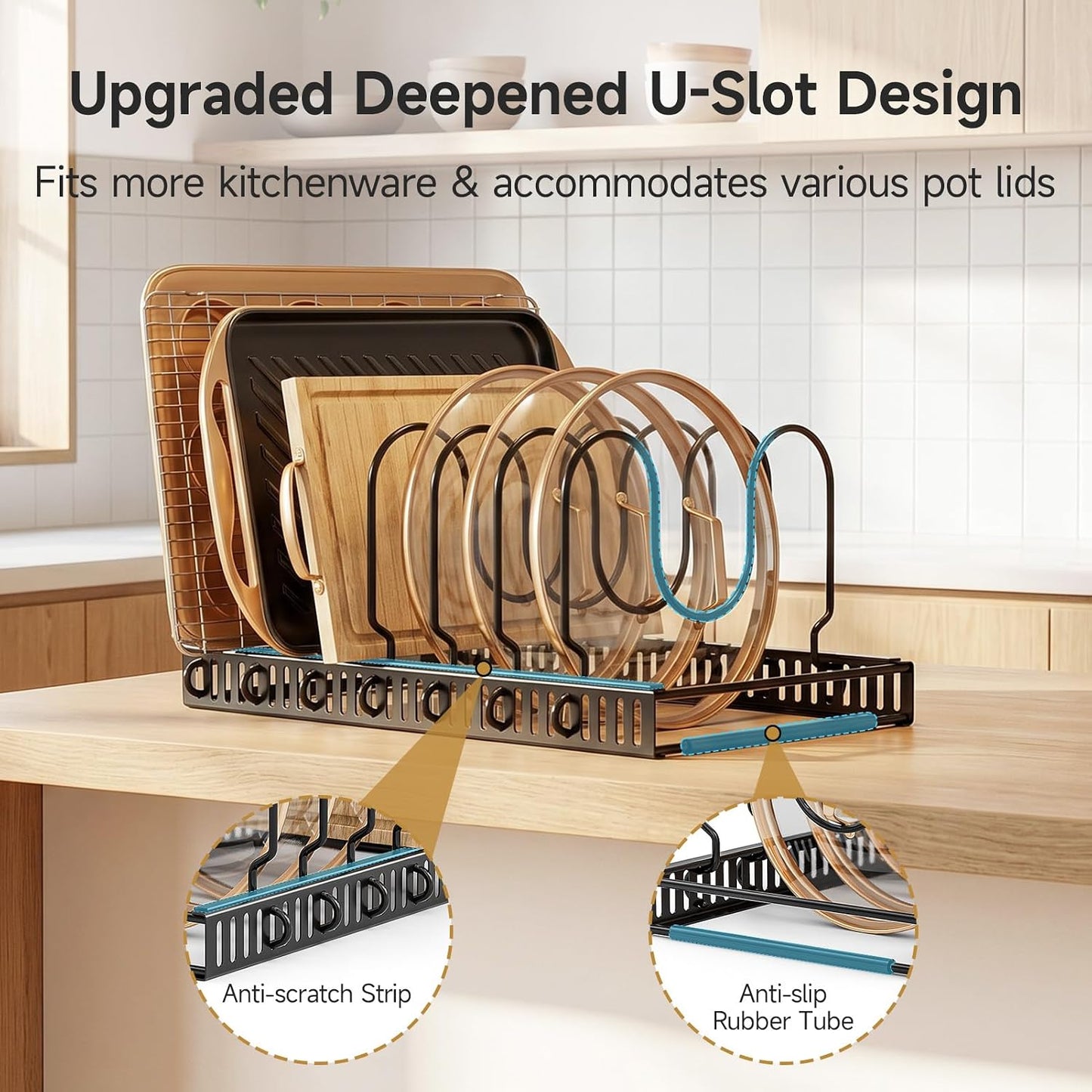 MUDEELA Pot Lid Organizer for Cabinet, Adjustable Baking Pan Rack 7 Slots | 7 Adjustable Divider, Tool-Free Assembly,Non-Slip, Scratch-Proof, Sturdy Metal Frame, For Pan Lid Cutting Board Bakeware