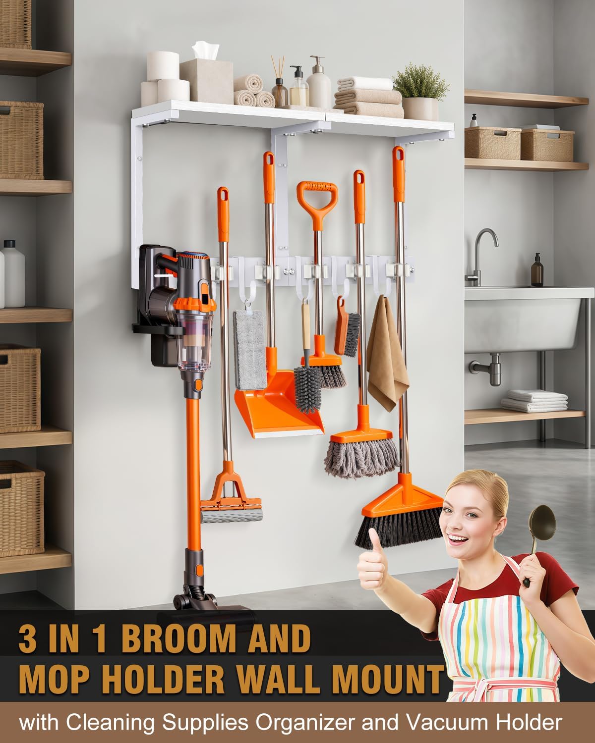 Large Broom Holder Wall Mount with Shelf, Vacuum Organizer, 5 Slots 5 Hooks | Black, 3-In-1 Wall Mount Stores Brooms/Mops/Vacuum, Cleaning Supplies With 5 Grippers/5 Hooks And A Sturdy Wooden Top Shelf