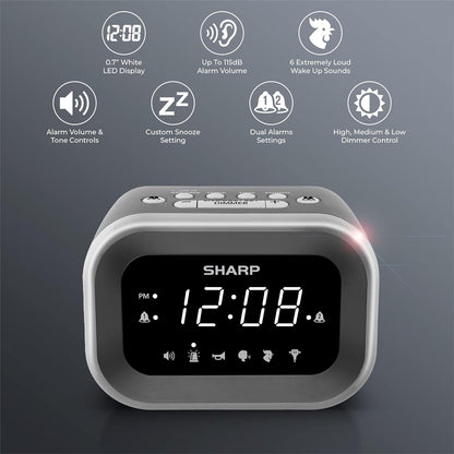 Sharp Big Bang 115dB Alarm Clock for Heavy Sleepers, Dual Alarms | 6 wake sounds; Large red LED display; Adjustable dimmer; Battery backup; Extra-loud 115dB alarm; Dual alarm settings