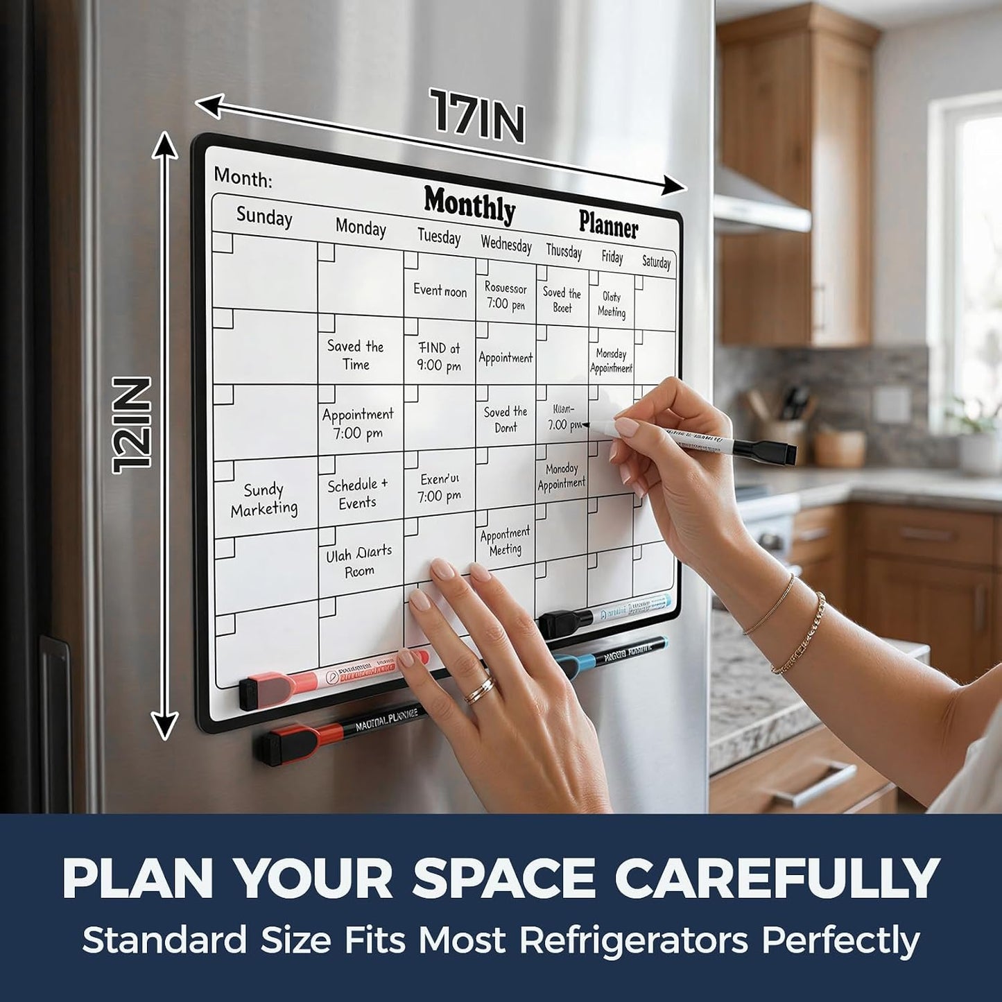 Magnetic Dry Erase Calendar for Refrigerator - 11"x8" Compact Fridge Whiteboard with 6 Markers & 2 Erasers, Weekly Planner, Sunday Start