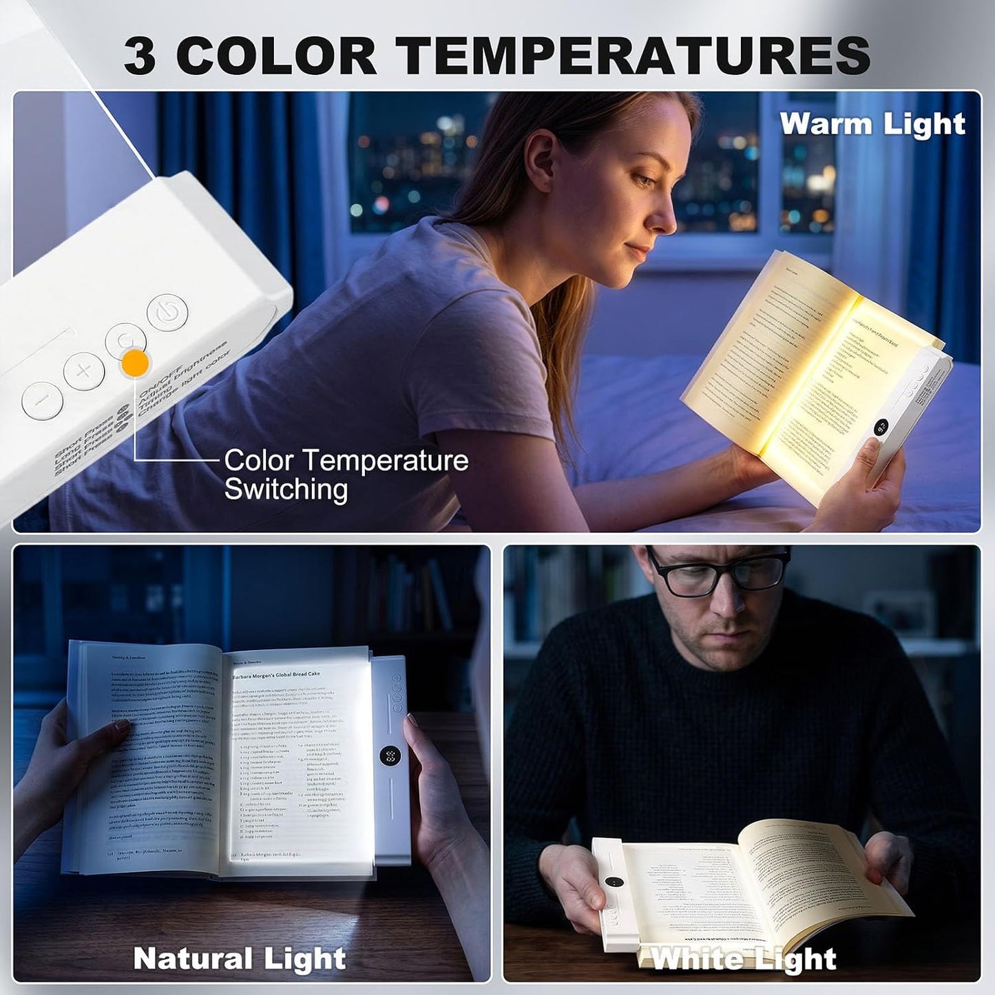 Book Light, Rechargeable Flat Reading Light with Timer for Reading at Night | 2 in 1 Book Light and Night Light, 3 Color Temperatures, Stepless Dimming, USB Rechargeable for Reading in Bed