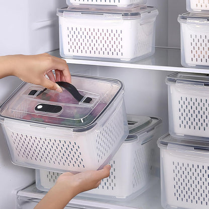 3Pack Fridge Food Storage Container Set with Lids with Strainer, Fruit Vegetable Storage Containers Keep Fruits, Vegetables, Berry, Meat Fresh longer, BPA-Free Plastic Produce Keepers