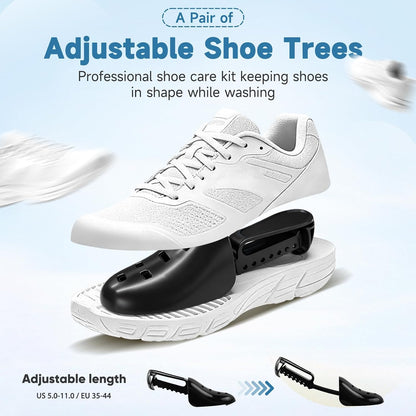 2PCS XXL Shoe Washing Machine Bag with Adjustable Shoes Trees - Heavy Duty Reusable Shoe Laundry Bag for Washer and Dryer - 360° Deep Clean & Protect Chenille Microfiber Sneakers Wash Bags - White