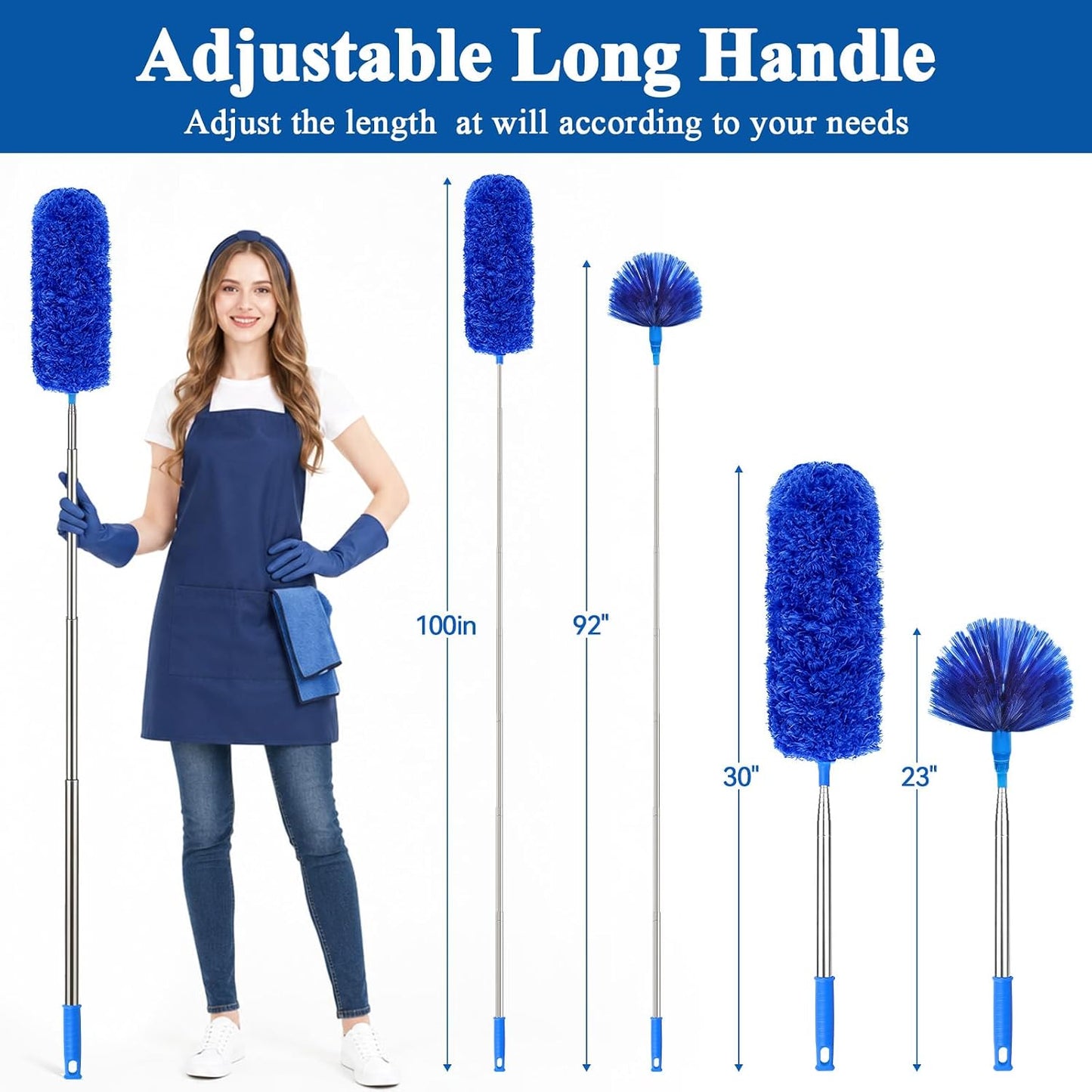 Cobweb Duster with Extension Pole 100 inches, Dusters for Cleaning with 2 Duster Heads, Washable Microfiber Feather Duster for Cleaning Ceiling Fan, High Ceiling, Blinds, Furniture & Cars