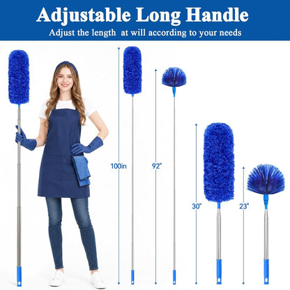 Cobweb Duster with Extension Pole 100 inches, Dusters for Cleaning with 2 Duster Heads, Washable Microfiber Feather Duster for Cleaning Ceiling Fan, High Ceiling, Blinds, Furniture & Cars