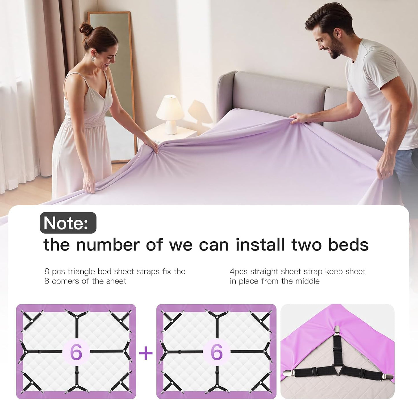 EasYoung 12PCS Bed Sheet Straps, Secure & Adjustable Fitted Sheet Holders for Full, Queen, King & More, Heavy Duty Nylon & Metal Clips