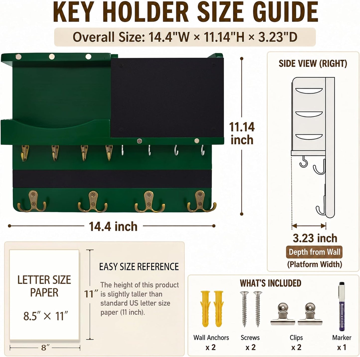 Key Holder for Wall Mount with Shelf and Mail Organizer, Key and Mail Holder with 16 Hooks, Farmhouse Entryway Organizer, Home Decor Rack (Pine Wood, White Washed)