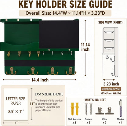 Key Holder for Wall Mount with Shelf and Mail Organizer, Key and Mail Holder with 16 Hooks, Farmhouse Entryway Organizer, Home Decor Rack (Pine Wood, White Washed)
