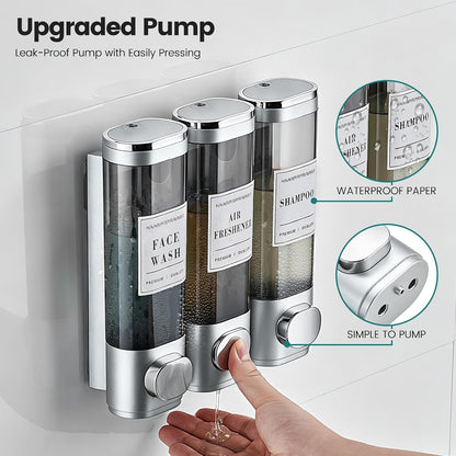 Wall Mounted Shower Soap Dispenser 3 Chamber,No Drill Shower Dispenser | Shampoo and Conditioner Dispenser for Bathroom Hotel Large Capacity, each 300ml with two waterproof labels,Gold
