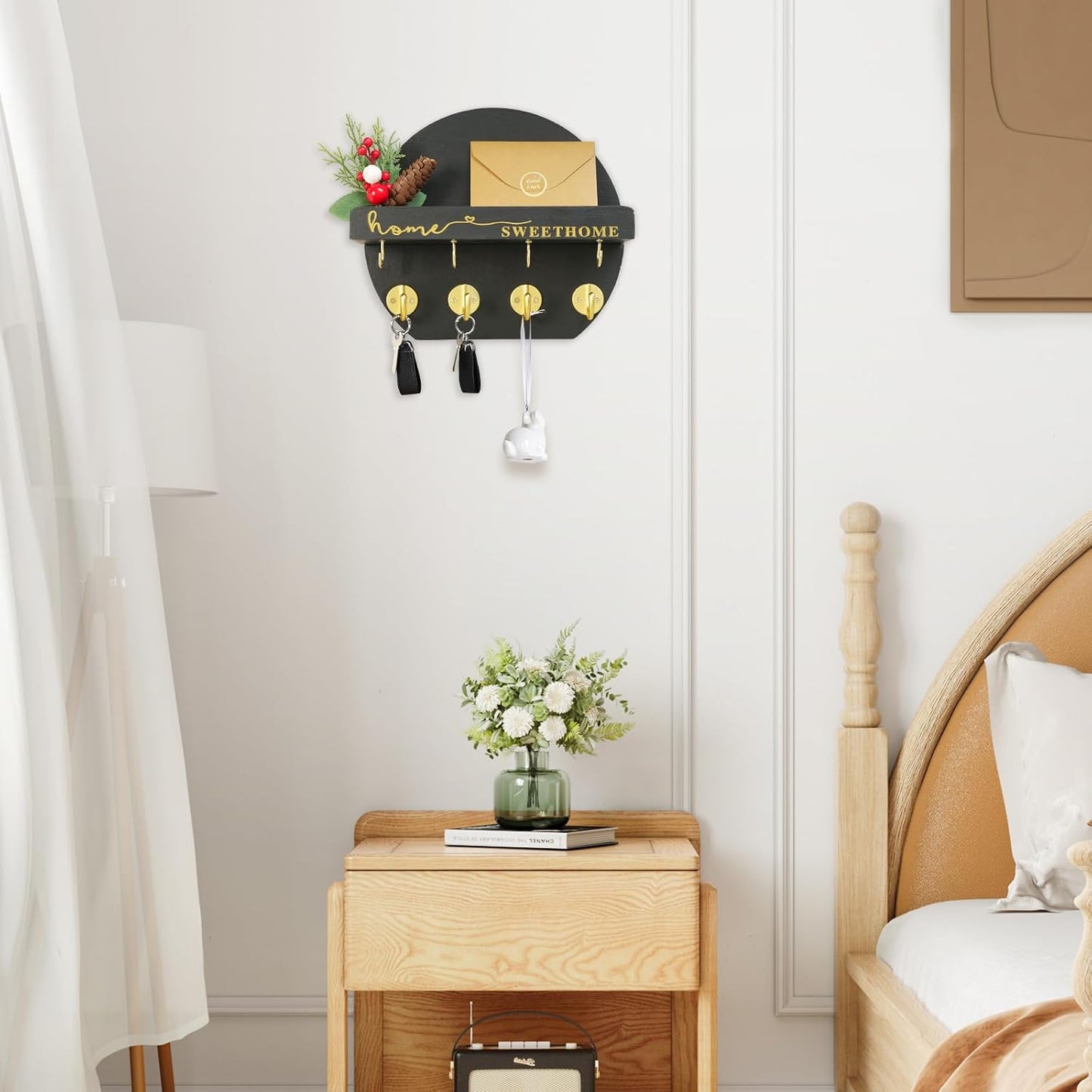 Key Holder for Wall, Key and Mail Holder Organizer - Key Holder Wall Mount with Bouquet Shelf and Key Hooks, Round Wooden Rustic Key Rack for Entryway and Home Decor (Black)