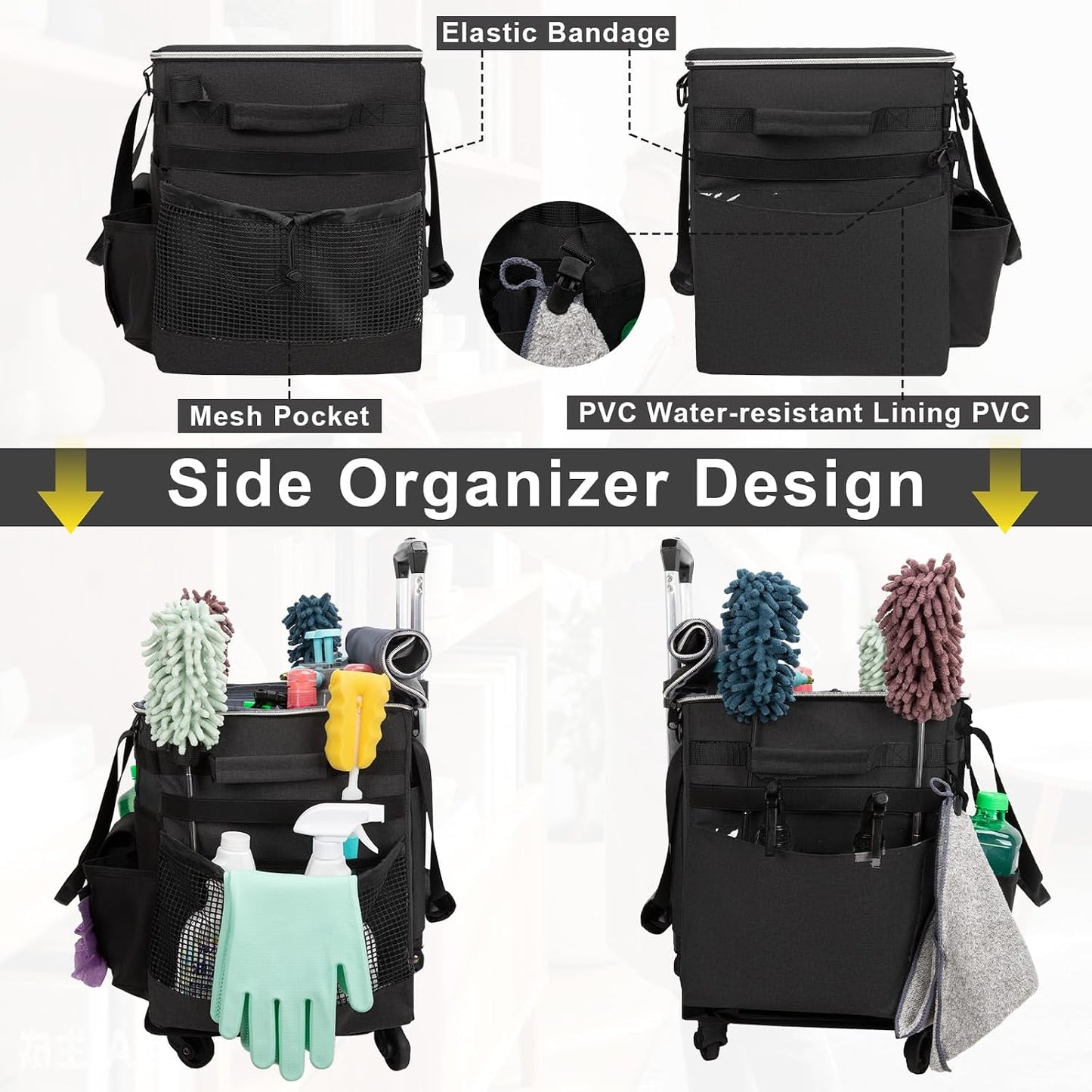 Wearable Large Cleaning Caddy Bag for Housekeepers (Black&Gray) | Cleaning Supplies Organizer with Adjustable Shoulder, Waist & Handle Straps, Detailing Bag for Kitchen Supplies