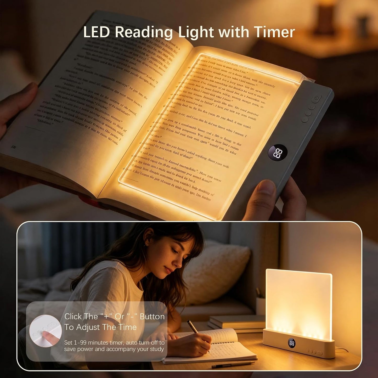 Choudao LED Book Light & Night Light 2 in 1, Flat Reading Light, Black | 3 Color Temperatures & Stepless Dimming, USB Rechargeable Full Page Light with Timer for Night Reading in Bed