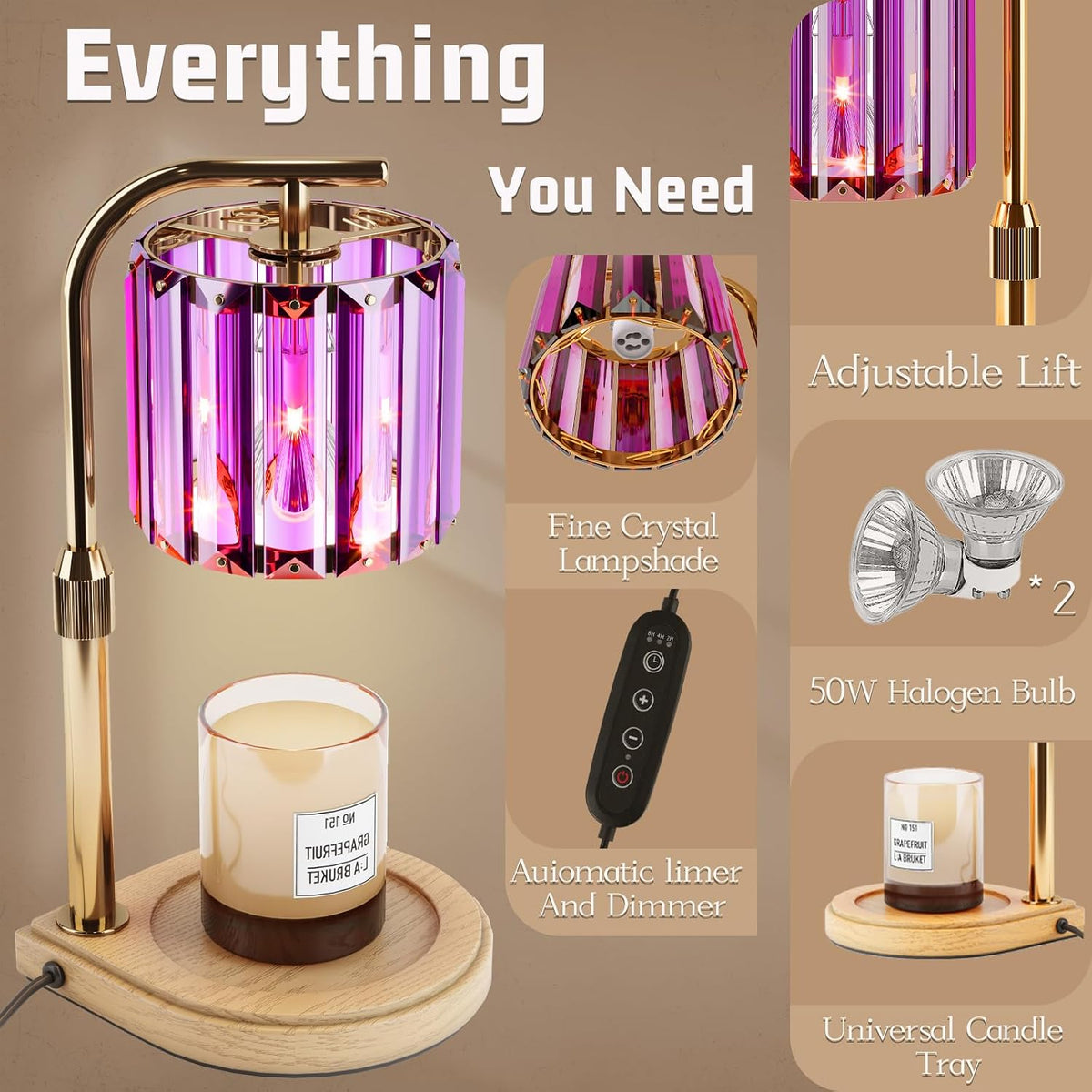IN HAPPY Purple Candle Warmer Lamp with Timer & Dimmer, Gifts for Women, Housewarming Gifts for New Home, Adjustable Height Candle Warmer Lamp with 2 Bulbs for Jar Candles, Bedroom Home Decor