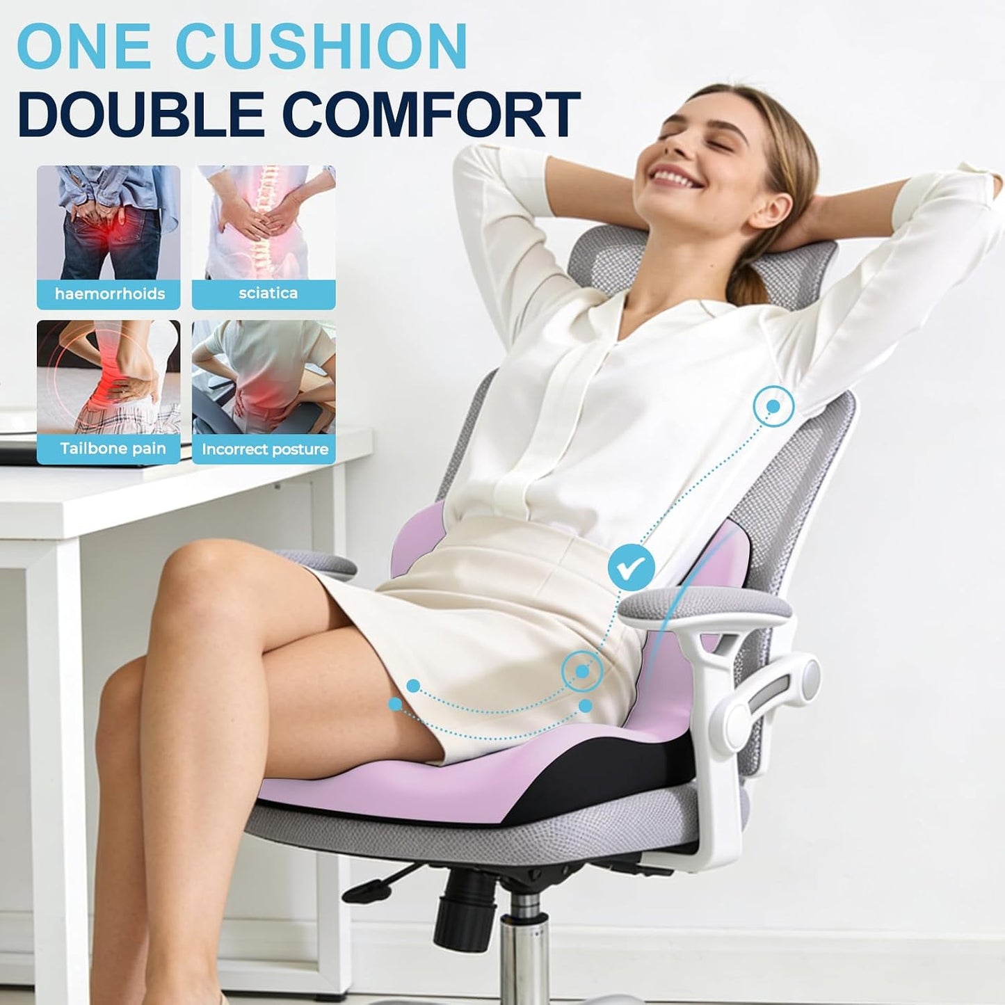 Seat Cushion for Office Chair and Car, L-Shaped Ergonomic Car Seat Cushions, Memory Foam Chair Cushion, Lumbar Support Pillow for Wheelchair, Car, Home, Office, Desk, Black