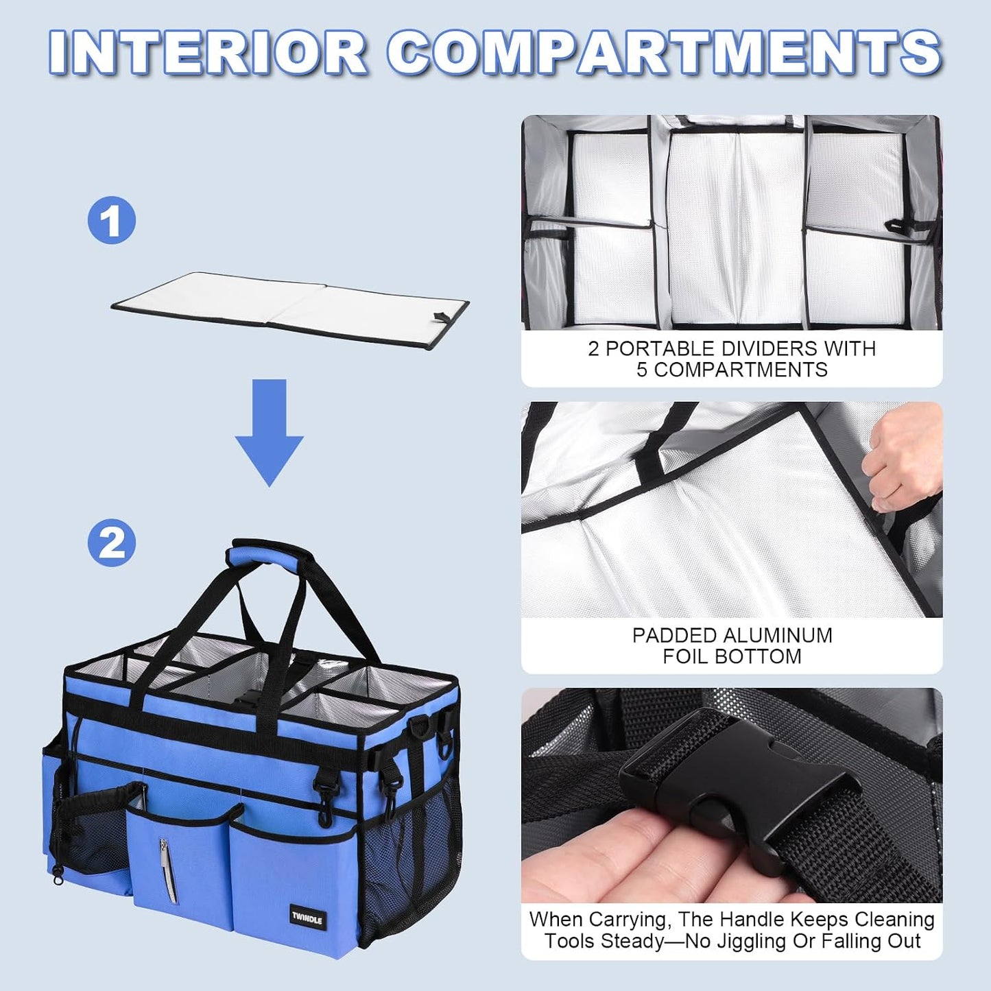 Extra Large Cleaning Caddy Bag with Built-In Support Board, Cleaning Tote Organizer with Removable Divider, Supply Carryall with Adjustable Shoulder Strap and Waist Belt for Cleaners & Housekeeper