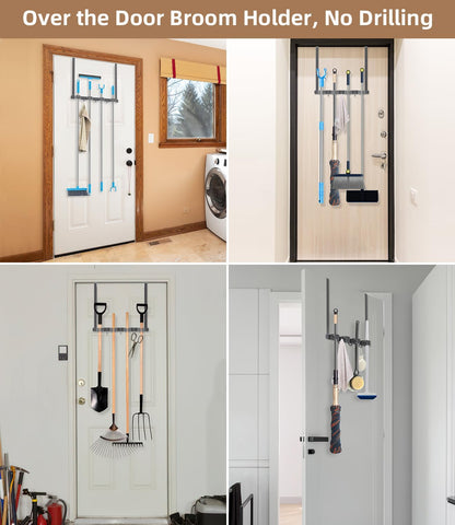 Broom Holder Over The Door with Hooks -304 Stainless Steel (Black) | Save Space, Anti-Rust & Sturdy, Mop and Broom Holder Wall Mounted or Hanging Over The Door, for Garage Laundry Kitchen