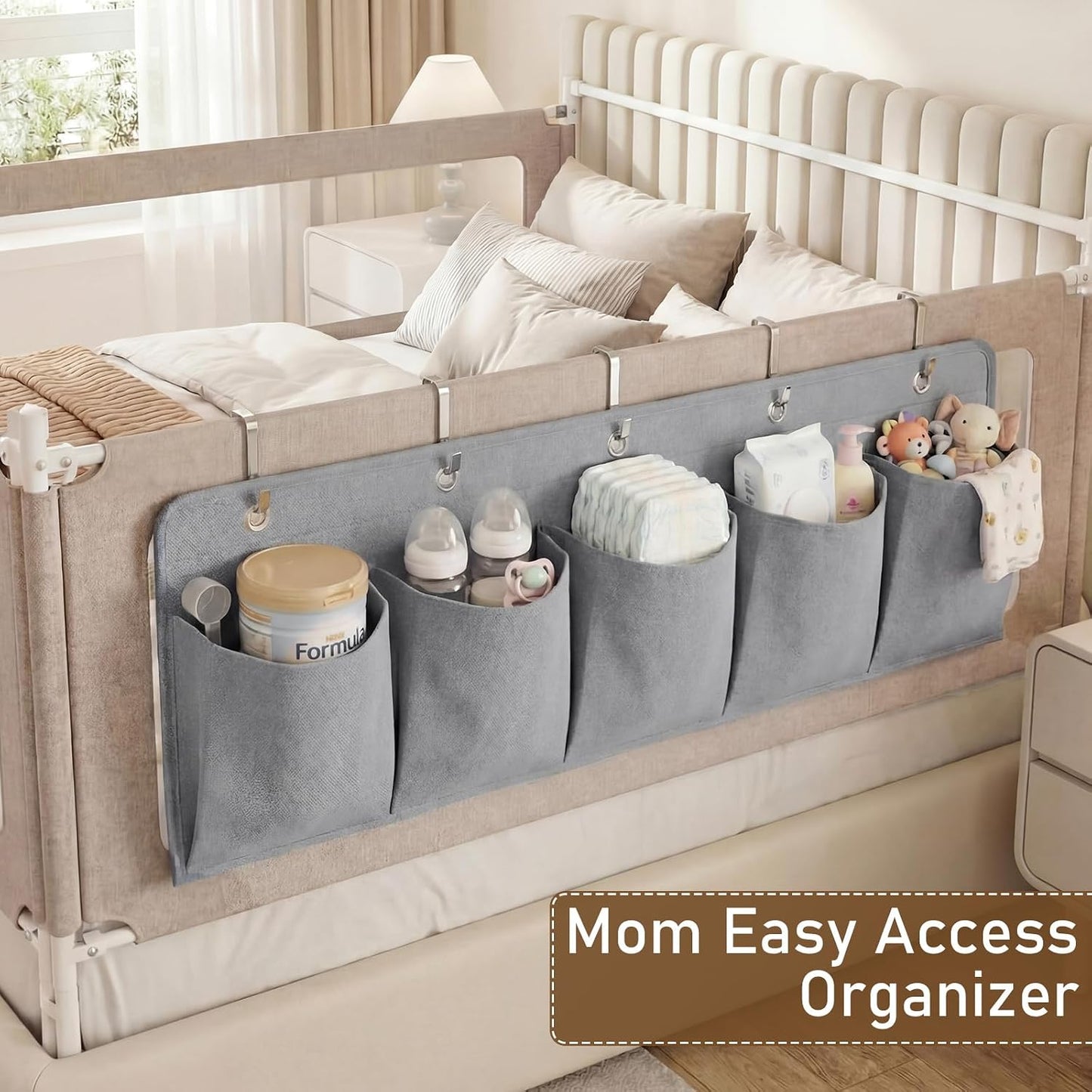 Extra Large Bedside Caddy Storage Bag 53 Inch Bedside Hanging Organizer Bedskirt Pocket Organizer Storage Bag Shoe Rv Pockets with Hook for Home Dormitory Hospital Camper Van Bunk Nursery Bed(Grey)
