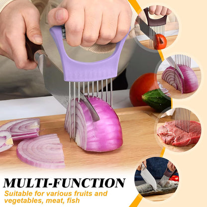 Stainless Steel Onion Holder for Slicing,Onion Slicer Holder,Kitchen Gadget | Purple Onion Slicer Holder, Onion Cutter for Slicing of Onions, Tomatoes, Avocados, Eggs and Other Vegetables