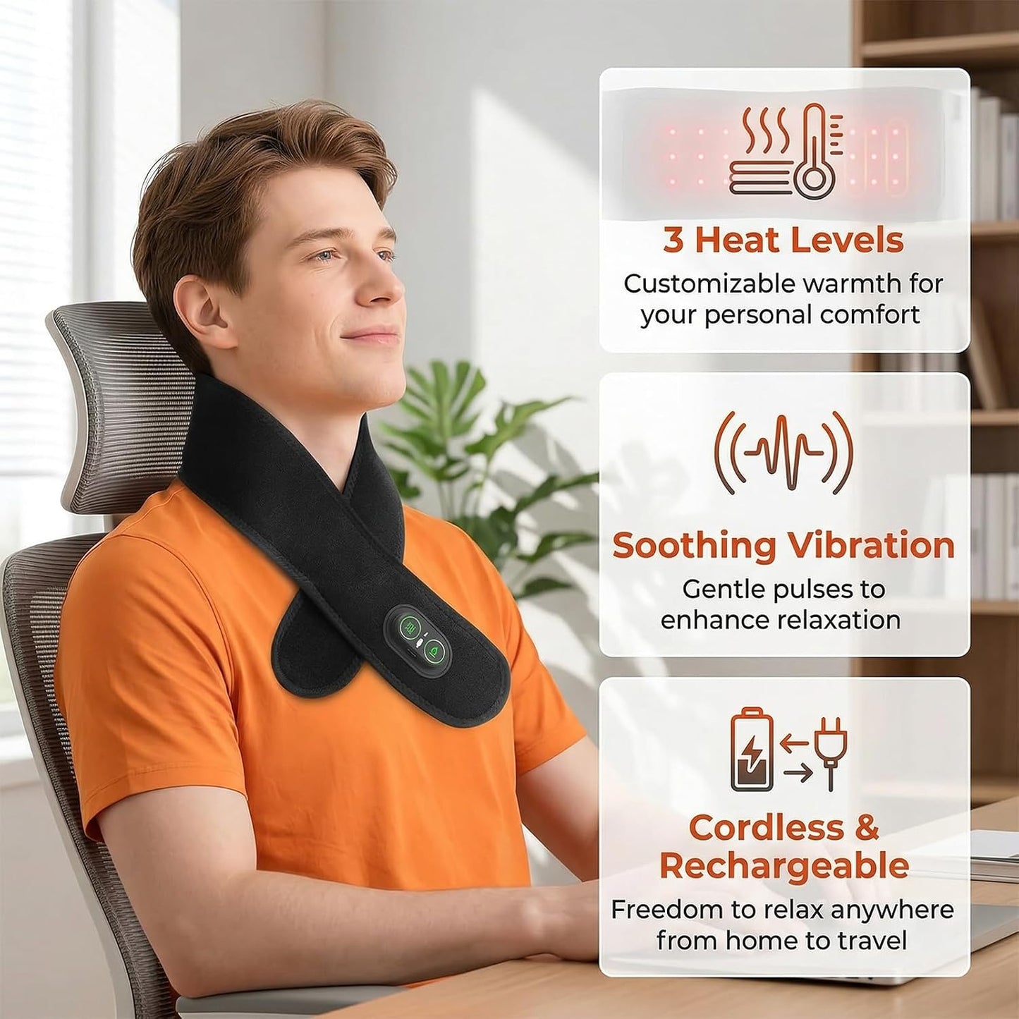 Rechargeable Neck Heating Pad, Cordless Heated Neck Wrap for Home, Office & Travel, 3000mAh Neck Massager with 660nm & 850nm Red Light, 3 Heat & 3 Vibration Levels, Black