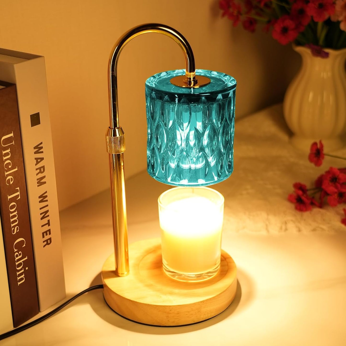 HAIDOLIANG Blue Candle Warmer Lamp with Timer and Dimmer | Height and Brightness Adjustable,Glass Electric Wax Warmer with 2 Bulbs for Women Gifts, Home Decor for Scented Jar Candles