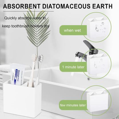Diatomite Toothbrush Holder Toothpaste Organizer, Marble White | Quick Drying, Non-Slip, 2 Slots Kids Electric Tooth Brush Holder for Bathroom, for Countertop, Shower, Vanity