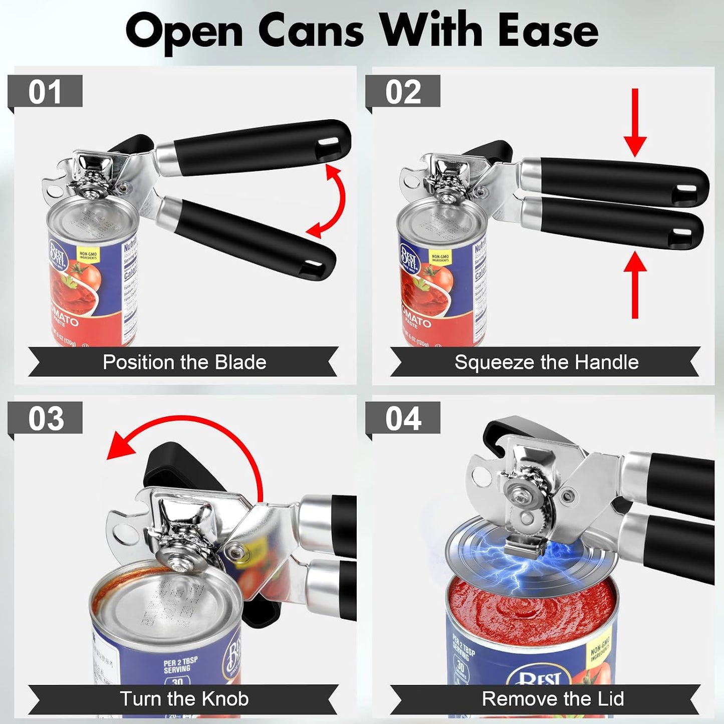 3PCS Can Opener Manual & Bottle Opener & Wine Opener, Smooth Edge Can Openers with Strong Magnet, Heavy Duty Stainless Steel Abrelatas Handheld Waiter Corkscrew - Premium Kitchen Supplies (Black)